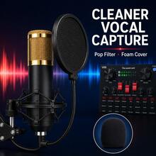 Curear V8S Live Sound Card & Condenser Microphone Kit With Adjustable Boom Arm, Pop Filter, Shock Mount And Cables, Wired Podcast Recording Equipment For Live Streaming, Gaming, Singing, PC, Laptop & Smartphone - Black - View 1