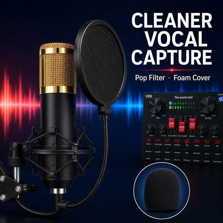 Curear V8S Live Sound Card & Condenser Microphone Kit With Adjustable Boom Arm, Pop Filter, Shock Mount And Cables, Wired Podcast Recording Equipment For Live Streaming, Gaming, Singing, PC, Laptop & Smartphone - Black - View 1