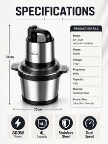 SOKANY 800W High Power Multifunctional Electric Meat Grinder, 4L Large Capacity Food Processor, Dual Layer 4 Blades Dual Speed, Stainless Steel Chopper, Suitable For Meat, Vegetables, Fruits, Garlic, Home And Restaurant Use - Black - View 10