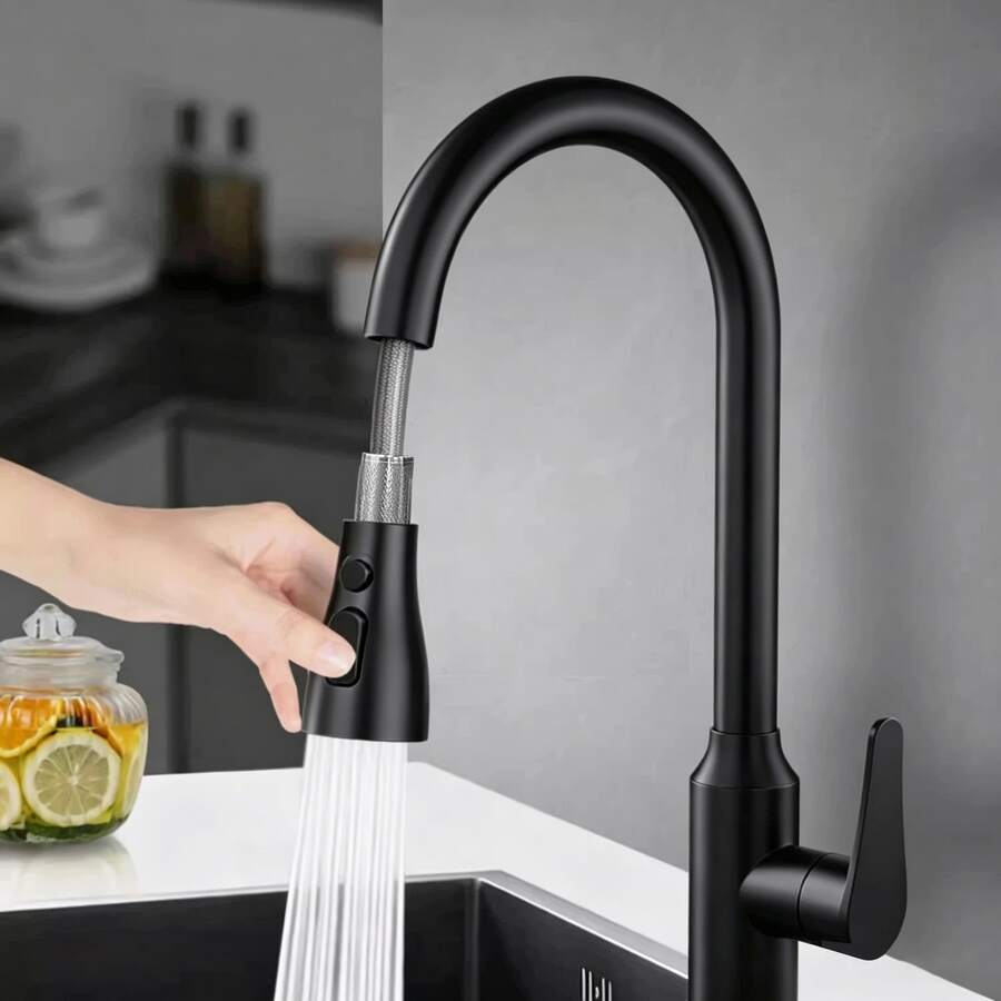 High-Quality Stainless Steel Kitchen Pull-Out Faucet, High-Arc Commercial Grade Sink Mixer Tap With Flexible Braided Hose, Dual Water Flow Modes + One-Touch Shut-Off, Suitable For Single Or Double Bowls - Black - Upgraded Version - View 1