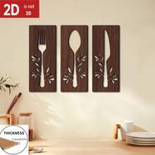 2D Flat, 3-Piece Wooden Kitchen Wall Art - Fork, Spoon And Knife Design - Dining Room, Kitchen, Easy To Hang Decor - Perfect For Christmas, Easter, Valentine's Day, Thanksgiving - A - View 5