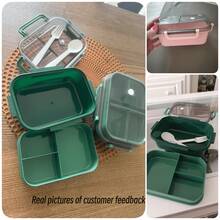 1 pieza Caja de almuerzo de doble capa apta para microondas con asa, unisex, para uso estudiantil, incluye juego de cubiertos, caja bento, apta para microondas, a prueba de fugas, recipiente de alimentos (rosa), temporada de regreso a clases - Multicolor - Ver 9