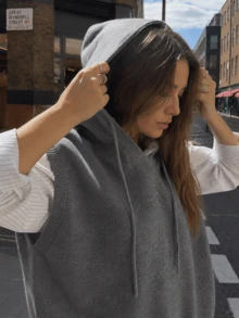 Rompi Rajut Tanpa Lengan Berkerudung dengan Tali Serut Warna Abu-abu Campuran untuk Wanita, Atasan Tank Top Pullover Longgar dan Santai - Grey - View 2