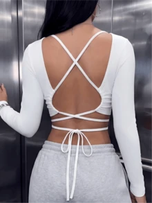 Women's Casual Tie-Front Slim Fit Short T-Shirt, Suitable For Autumn/Winter Daily Wear, Outing, White - White - View 3