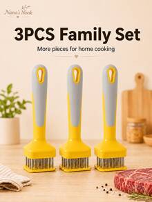 3PCS Yellow & Gray 24-Spike Meat Tenderizer Tool, 430 Stainless Steel & ABS Handheld Meat Tenderizer Needle Tool For Steak, Beef, Pork, Chicken, Fish, Kitchen BBQ Meat Prep - Yellow - View 11