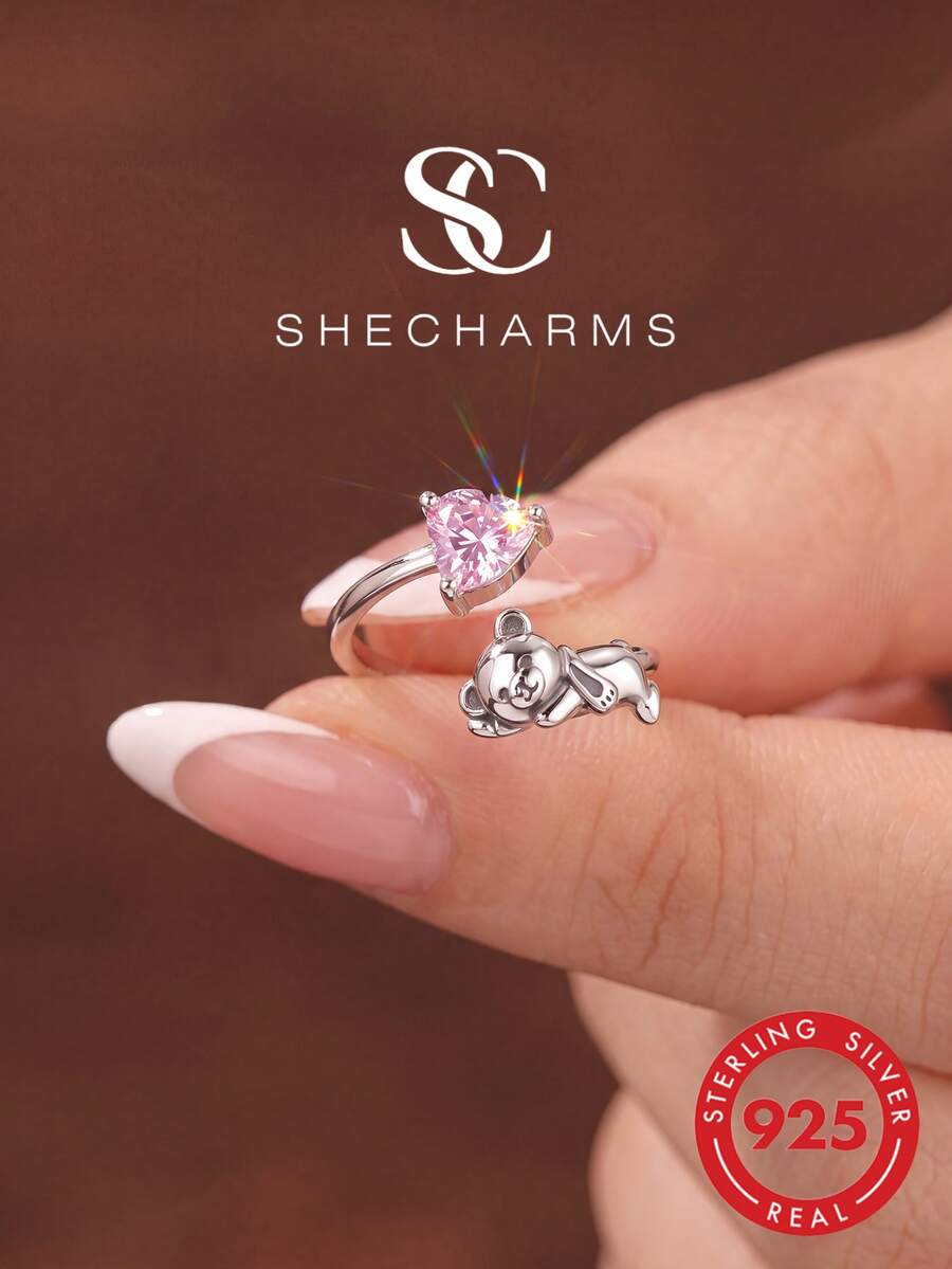 1件時尚925純銀水鑽愛心熊開口戒指，女款日常配戴派對飾品，精緻珠寶禮物