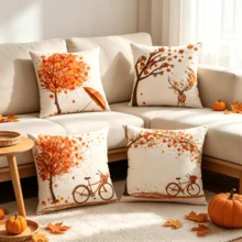 4pcs Autumn Themed Pillowcase With Maple Leaf Bicycle And Tree Design Pattern, Suitable For Sofa Beds And Car Decorations. Machine Washable Polyester Pillowcase (Excluding Pillow Core) - Multicolor - View 1