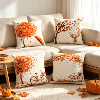 4pcs Autumn Themed Pillowcase With Maple Leaf Bicycle And Tree Design Pattern, Suitable For Sofa Beds And Car Decorations. Machine Washable Polyester Pillowcase (Excluding Pillow Core)