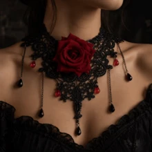 1pc Women's Gothic Elegant Vintage Artificial Tassel Red Rose Lace Choker Necklace, Dark Style Halloween Party Ball Gathering Accessory - Multicolor - View 2