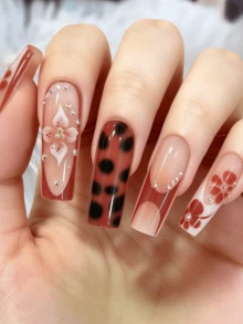 24-Piece Nail Set, Brown Gradient, Airbrushed Hazy Red Flowers And Amber Leopard Print, Decorated With Embossed 3D Flowers And Iridescent Rhinestones, Warm-Toned Retro Autumn Filter - Multicolor - View 5