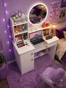Compact Vanity Desk With Mirror & Lockable Cabinet, 3-Tier Makeup Table With Storage Shelves For Bedroom, Modern Nordic Space-Saving Dressing Table 80*40*130cm - White - View 2