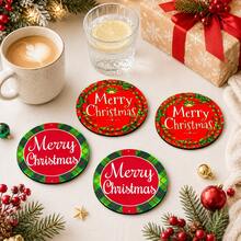 4入 5英吋聖誕主題圓形杯墊，Merry Christmas 文字款，紅綠色節日桌面裝飾墊，咖啡茶杯墊，居家餐桌餐具 - 彩色 - 查看 3