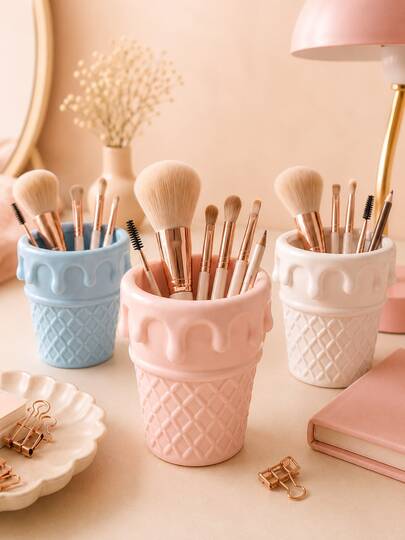 1 pièce Tasse de rangement multifonction en forme de cône de glace en résine ABS, porte-stylo crème mignon, porte-pinceau de maquillage, porte-brosse à dents, convient pour la coiffeuse, la chambre, le bureau et la salle de bain, cadeau d'anniversaire, de rentrée scolaire, d'été