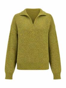 Green Ribbed Knit Pullover Sweater For Women, Chic Long Sleeve Drop Shoulder Collared Knit Top For Fall - Green - View 6