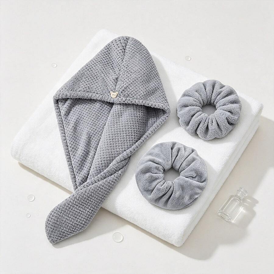 Grey Microfiber Quick-Dry Hair Towel And Plush Scrunchie Set, Fast-Absorbing Hair Wrap Bath Cap + Soft Large Scrunchie Combo, Women's Bathroom Shower Accessories - Multicolor - View 1