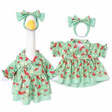 1pc Watermelon Print Porch Goose Outfit, Green Plaid Ruffle Dress With Matching Bow Headpiece, Cute Seasonal Goose Costume, Suitable For Porch Garden Party Decoration, Goose Not Included - Green Plaid Watermelon Goose Outfit - View 11