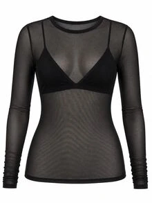 Blusa Feminina Tule Plus Size Blusinha Transparente Confortável e Elegante para Sair Noite Balada Eventos Shows e Festival Manga Longa Transparente em Tela - Preto - Visão 4