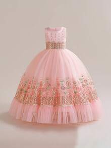 Tween Girls Faux Pearl Contrast Color Embroidered Mesh Elegant Party Dress, Headband Not Included - Pink - View 3