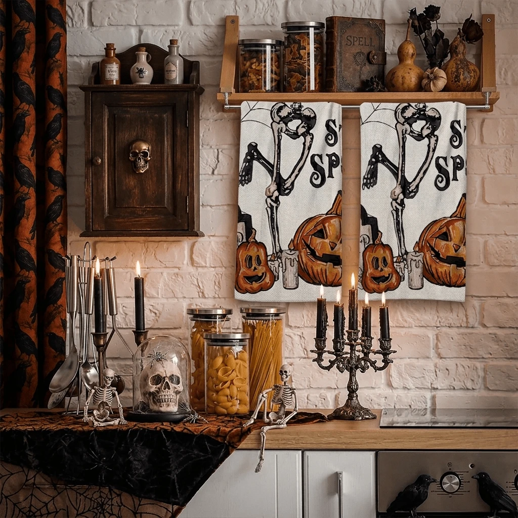 2/4/48pcs Halloween Series Dancing Skeleton, Jack Pumpkin Lantern, Candle Pattern Printed Kitchen Towels - Super Soft, Highly Absorbent Polyester Tablecloths And Hand Towels, Perfect For Holiday Decor, Kitchen Decor, Party Decor