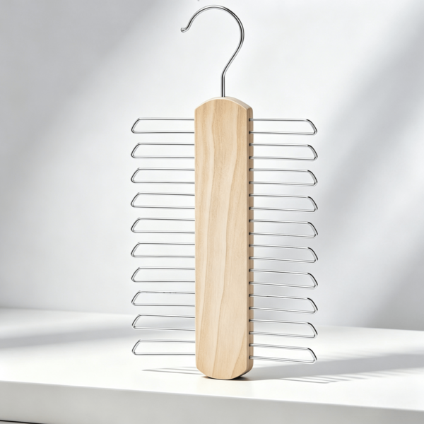 Zwei Holzhalter mit je 20 Aufhängepunkten. Sie dienen der getrennten Ablage von Krawatten und Gürteln und sorgen für aufgeräumte Verhältnisse im Schrankbereich.