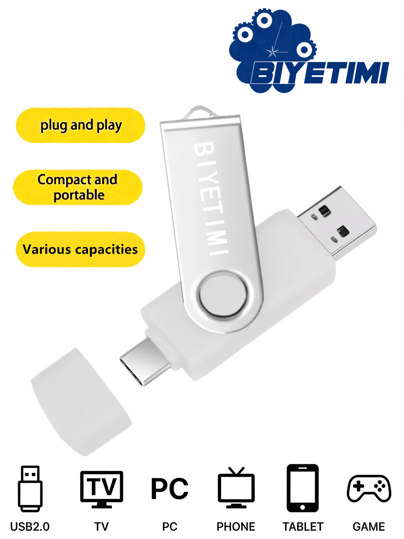 Biyetimi Type C USB 2.0 OTG 闪存盘 64GB 32GB 智能手机平板电脑 128GB 实际容量 U 盘