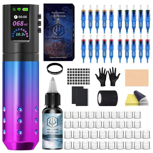 POSEIDON Tattoo Kit Wireless Tattoo Pen Set 2300mAh Battery Complete Tattoo Gun Set Tattoo Machine Kit With 20 Cartridge Needles And Other Tattoo Accessories Suitable For Beginners And Tattoo Artists