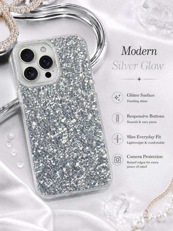 1PC Minimal Shiny Phone Case Compatible With Iphone 17 16 15 14 13 12 11 Pro Max, Full Coverage Silver Crushed Ice Foil Glitter Texture Transparent TPU Shockproof Plain Blank Phone Shell