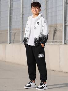 Tween Boy Autumn/Winter Casual Fashion College Street Commute Snow Mountain Print Thermal Lined Jacket & Cargo Jogger Pants 2pcs Set - Multicolor - View 1