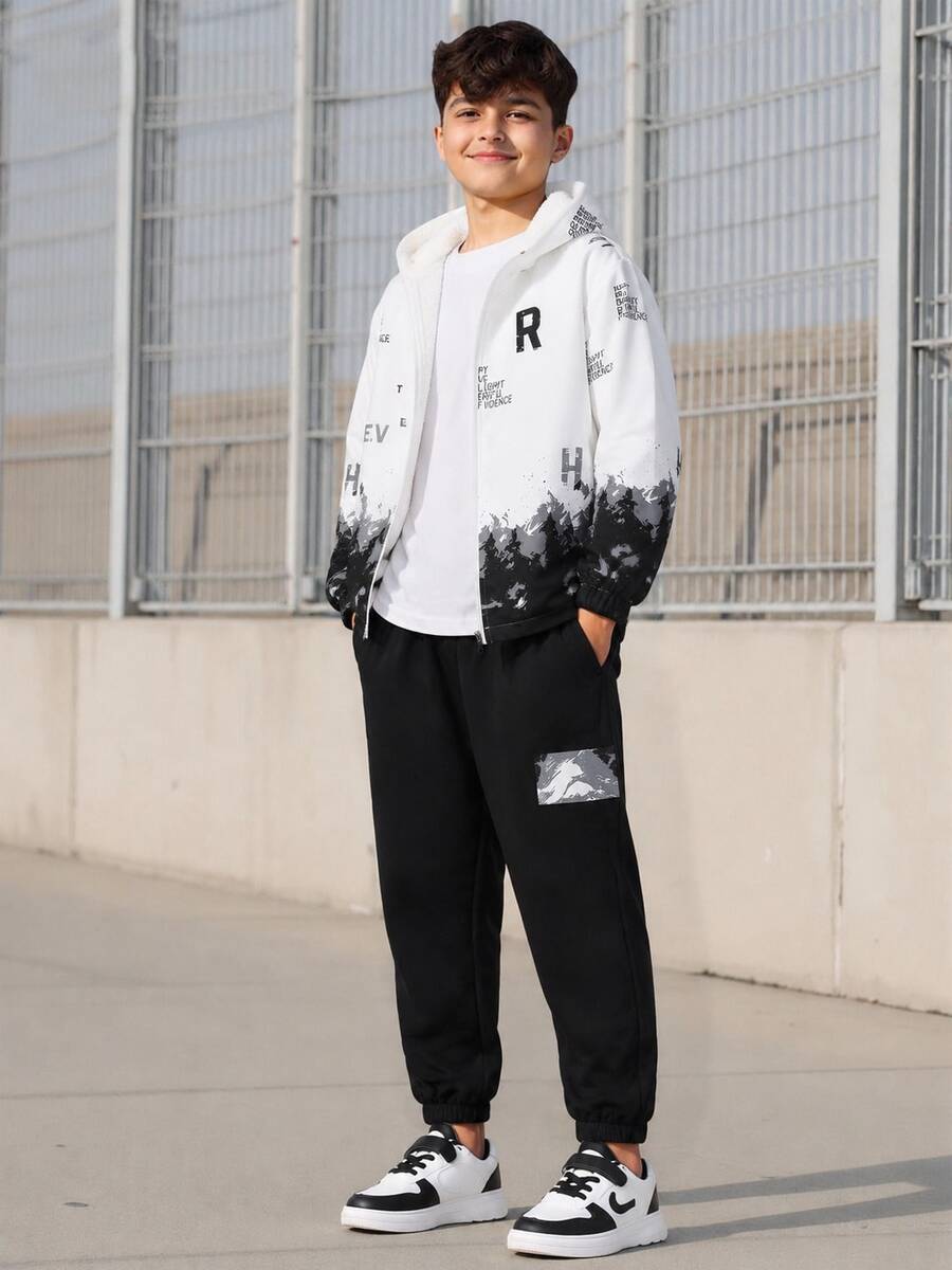 Tween Boy Autumn/Winter Casual Fashion College Street Commute Snow Mountain Print Thermal Lined Jacket & Cargo Jogger Pants 2pcs Set - Multicolor - View 1