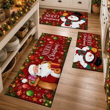 1pc Santa Claus & Snowman Print Kitchen Mat, Red Merry Christmas Polyester Doormat, Suitable For Kitchen, Entryway And Living Room Christmas Decor - Multicolor - View 1