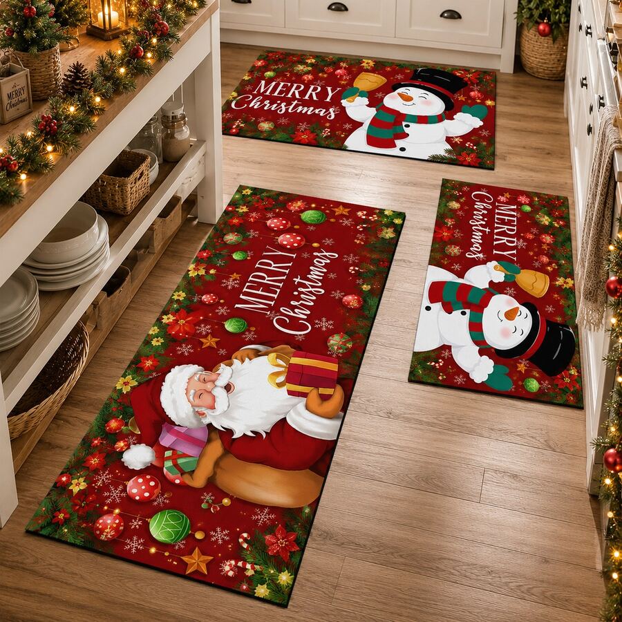 1pc Santa Claus & Snowman Print Kitchen Mat, Red Merry Christmas Polyester Doormat, Suitable For Kitchen, Entryway And Living Room Christmas Decor - Multicolor - View 1