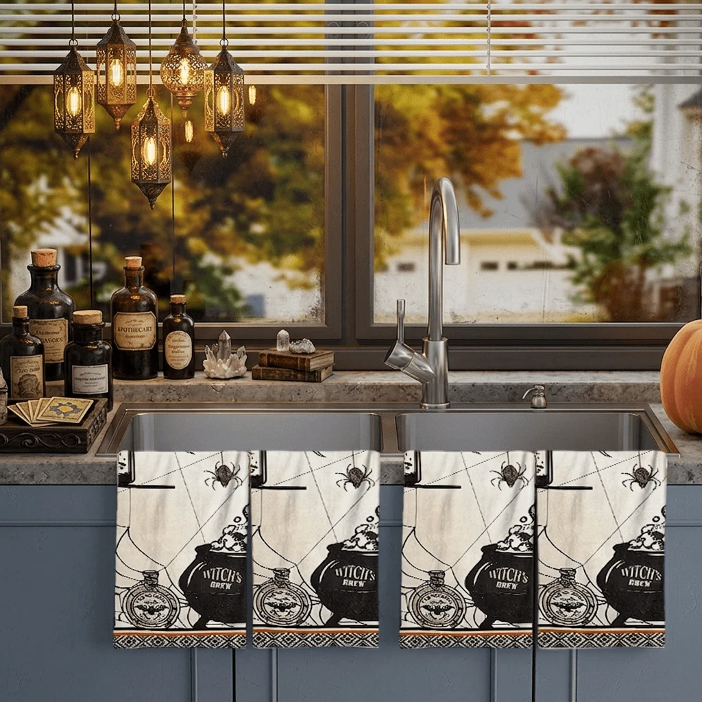 2/4/48pcs Halloween Series Witch Magic Cauldron, Poison Bottle, Spider, Spider Web Pattern Printed Kitchen Towels - Ultra Soft, Highly Absorbent Polyester Tablecloths And Hand Towels, Perfect For Holiday Decor, Kitchen Decor, Party Decor.