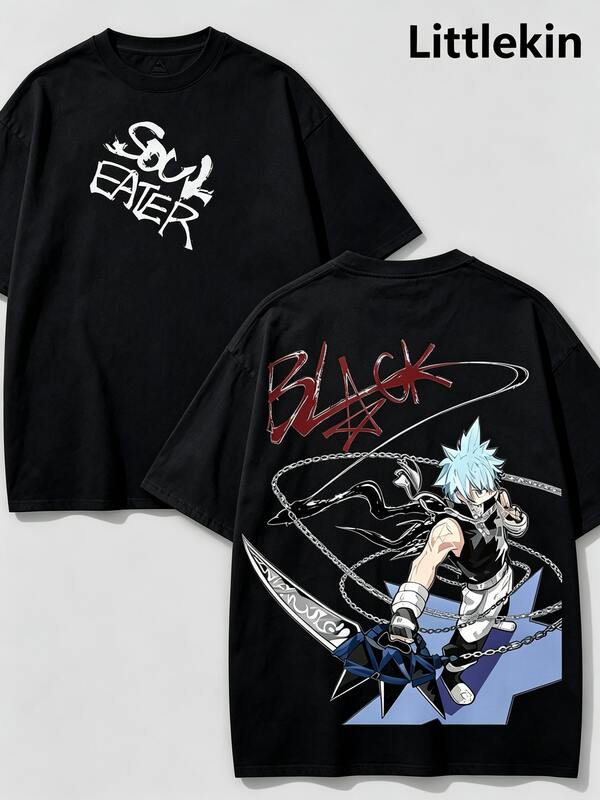 Soul Eater Black Star Anime Vintage Washed T-Shirt, Double-Sided Cotton Unisex Japanese Manga Apparel, Retro Black Streetwear 2026 Summer Tops