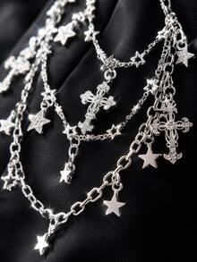 1pc Punk Style Fashion Waist Chain, Star Cross Pants Chain, 3-Layer Pants Chain, Made Of Full Rhinestone Star, Star Chain, Full Rhinestone Cross Accessories Combination Unique Metal 3-Layer Chain, Hip Hop Skirt Accessory Pants Chain, Suitable For Summer/Autumn, Autumn/Winter, Christmas, Halloween, Back To School Season, Classmate Gift, Friend Gift, Family Gift - Multicolor - View 1