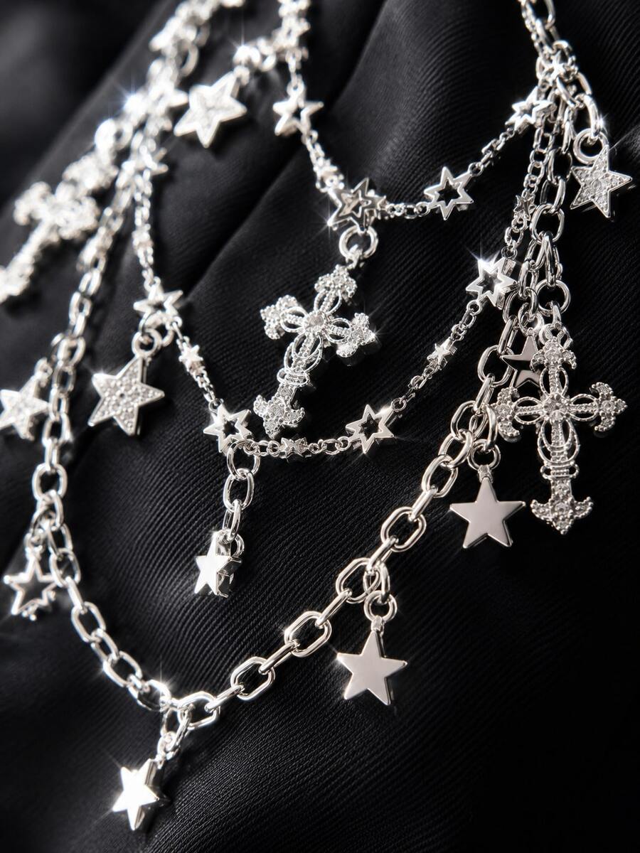 1pc Punk Style Fashion Waist Chain, Star Cross Pants Chain, 3-Layer Pants Chain, Made Of Full Rhinestone Star, Star Chain, Full Rhinestone Cross Accessories Combination Unique Metal 3-Layer Chain, Hip Hop Skirt Accessory Pants Chain, Suitable For Summer/Autumn, Autumn/Winter, Christmas, Halloween, Back To School Season, Classmate Gift, Friend Gift, Family Gift - Multicolor - View 1
