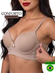 Sutiã Feminino Com Bojo Sutia Reforçado Confort Sustentaçao Levanta Seios Soutien Sutien Poliamida Sutian Nacional Poliamida Sutiã push-up Elástico suporte alto Sutiã Feminino Com Bojo Liso - Bege - Visão 2