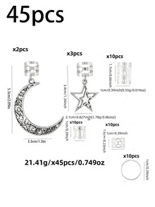 45pcs Women's Braided Hair Ties, Moon And Star Braided Hair Clips, Fashion Personalized Hair Accessories, Suitable For Summer Beach Vacation, Hair Clips, Y2K, Headwear, Bohemian Style,Hair Claws - Silver - View 7