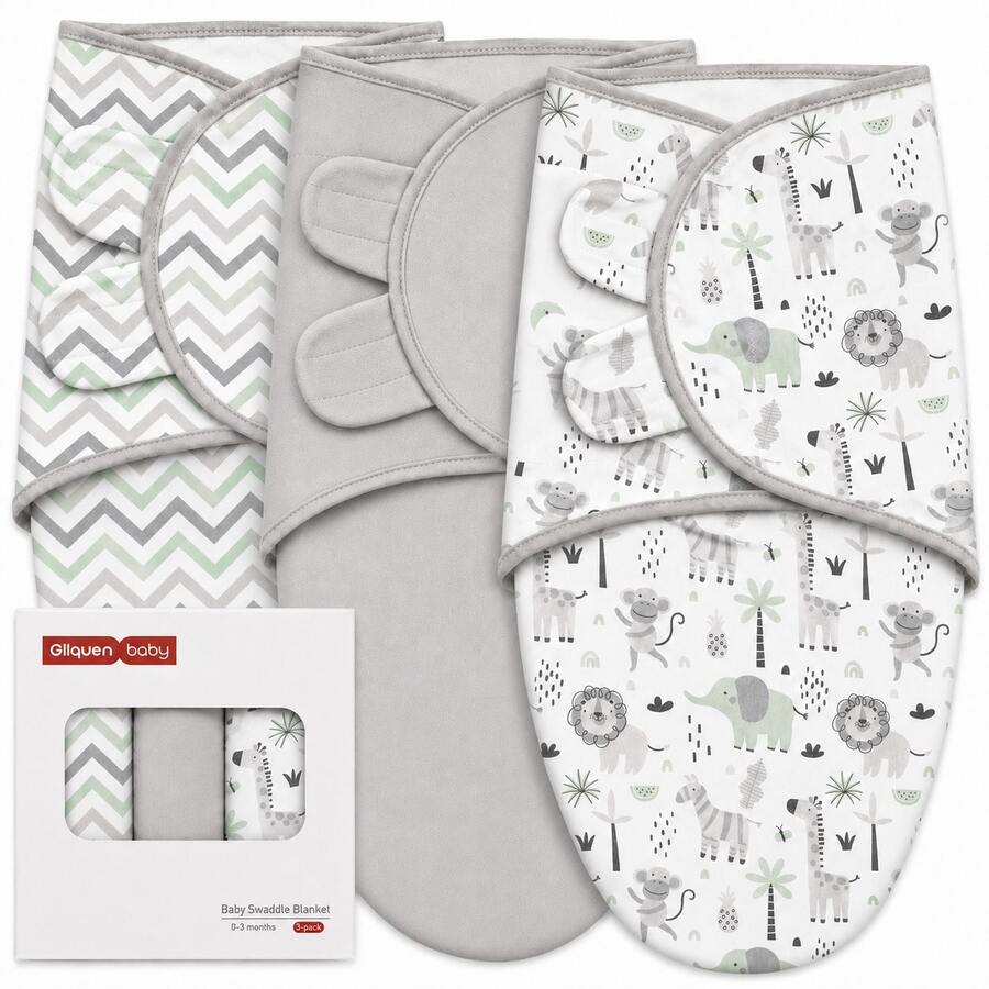 3pcs Baby Swaddle Wraps, Newborn And Infant Swaddle Blankets, Adjustable, Soft Cotton Baby Sleep Sack, Unisex, Small (0-3 Months)
