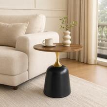 60cm Round Side Table, Living Room Table With Metal Frame, Simple And Modern Tabletop With Walnut Finish, Meeting Table, Unique Round Desk For The Bedroom Or Next To The - 黑色 - 查看 8