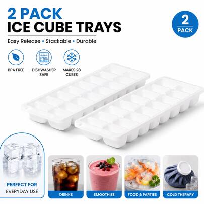 White Plastic Ice Cube Trays 2 Pack Easy Release Flexible Free Stackable Freezer For Cocktails Coffee