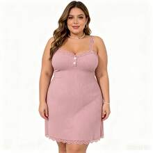 Plus Size Women's Contrast Color Lace Faux Button Sexy Camisole Nightgown, Elegant Soft Comfortable Slim Fit Sleeveless Sleepwear, Women's Dress, Women's Summer Pajamas Loungewear - Pink - View 4