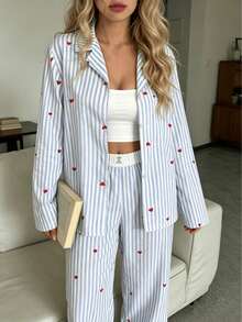 2pcs/Set Women's Loose Comfortable Breathable Long Sleeve Top + Long Pants Cute Pajama Set - Blue - View 6