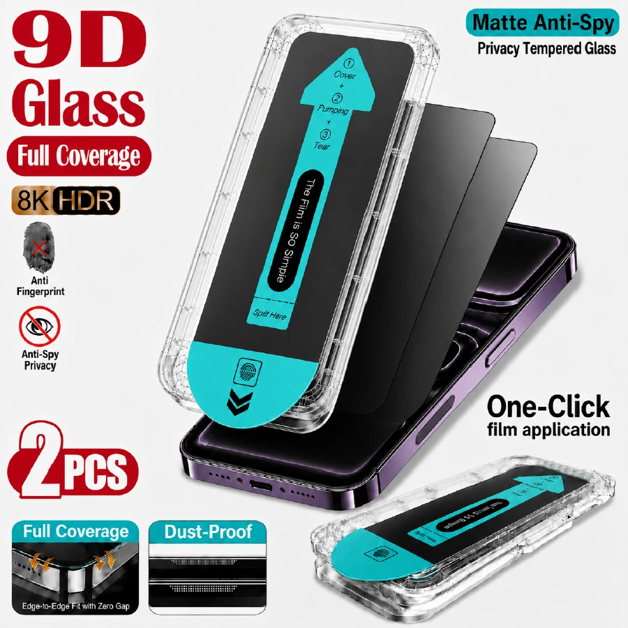 2 قطعة واقي شاشة زجاجي مقسى 9H مطفي مضاد للتجسس، متوافق مع iPhone 17 Pro Max/17 Pro/17 Air/17/15 Plus/15 Pro Max/15 Pro/15/14 Pro Max/14/14 Plus/14 Pro/13/13 Pro/13 Pro Max، حماية كاملة مضادة للتجسس، مجموعة تركيب تلقائي، سطح مطفي مضاد للانعكاس، مضاد للبصمات، مضاد للخدش، متوافق مع أغطية الهاتف، لمس ناعم - قطعتين - مشاهدة 1