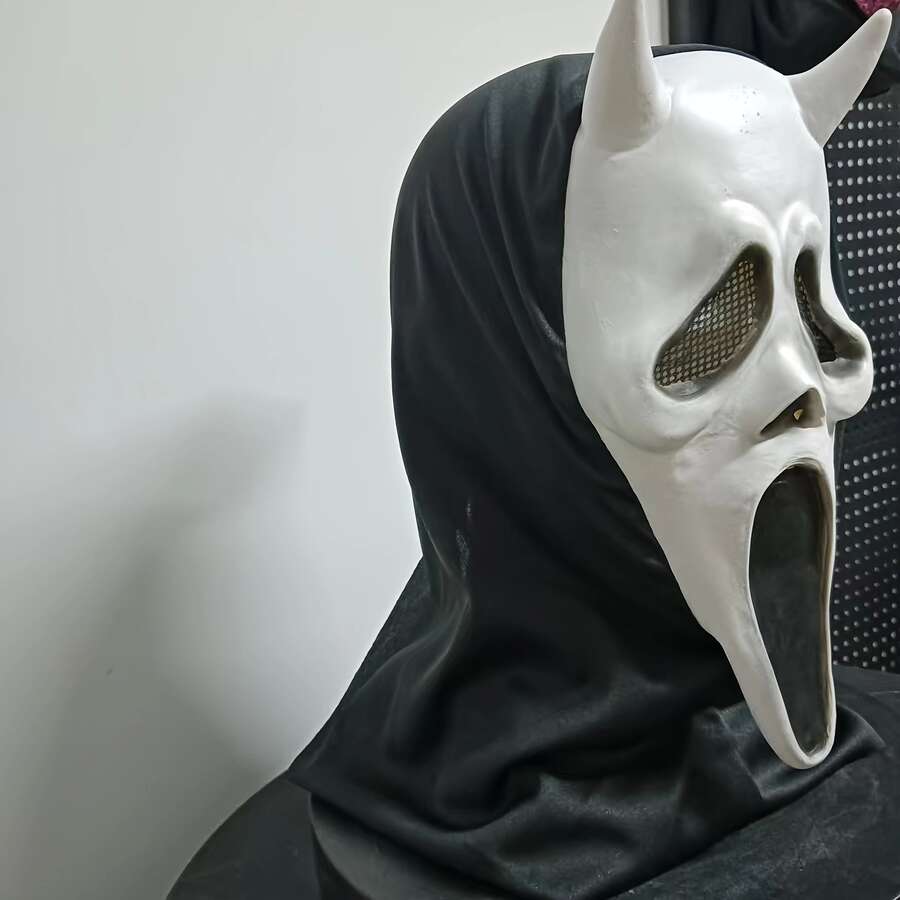 1件恐怖雙角鬼臉面具 成人恐怖頭套 派對裝扮道具 骷髏鬼萬聖節 Cosplay 面具配件 - 查看 1