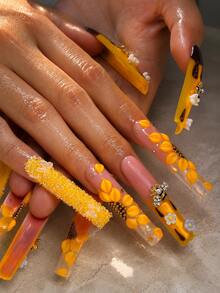 10pcs Handmade Long Square Press On Nails For Women, Yellow Brown Full Cover Fake Nails With 3D Bee, Flower, Honey Drip And Glitter Sugar Decor, Glossy Nail Tips For Spring, Summer, Picnic, Party, Vacation, Festival And Photoshoot - 黃色 - 查看 9