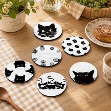 6pcs, Cat Pattern Printed Diatomaceous Earth Coasters, Absorbent Drink Coasters, Coffee Cup Coasters, Mug Coasters, Tea Cup Coasters, Desktop Protection Pads, Suitable For Dining Table, Coffee Table, Bar Counter And Office Desk Decoration - Multicolor - View 4