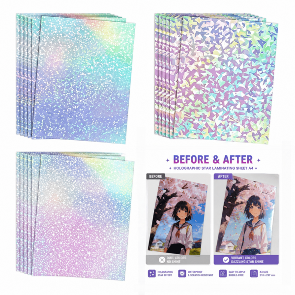 6/12/30 Hojas de Laminado Holográfico A4 Papel Adhesivo Transparente | Capa Transparente Impermeable para Pegatinas, Gemas, Patrones de Puntos y Estrellas