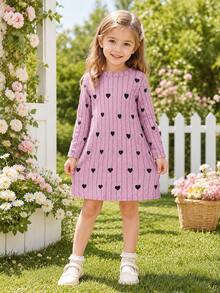 Young Girl Valentine's Day Heart Print Crew Neck Thick Rib Knit Comfortable Dress, Fashion Dress, Suitable For Outerwear - Hot Pink - View 7