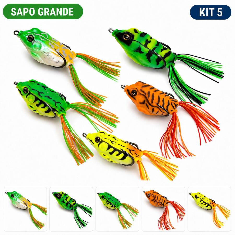 Kit com 5 Iscas Frog Grandes para Traíra, Corpo Macio, Cores Sortidas, com Estojo