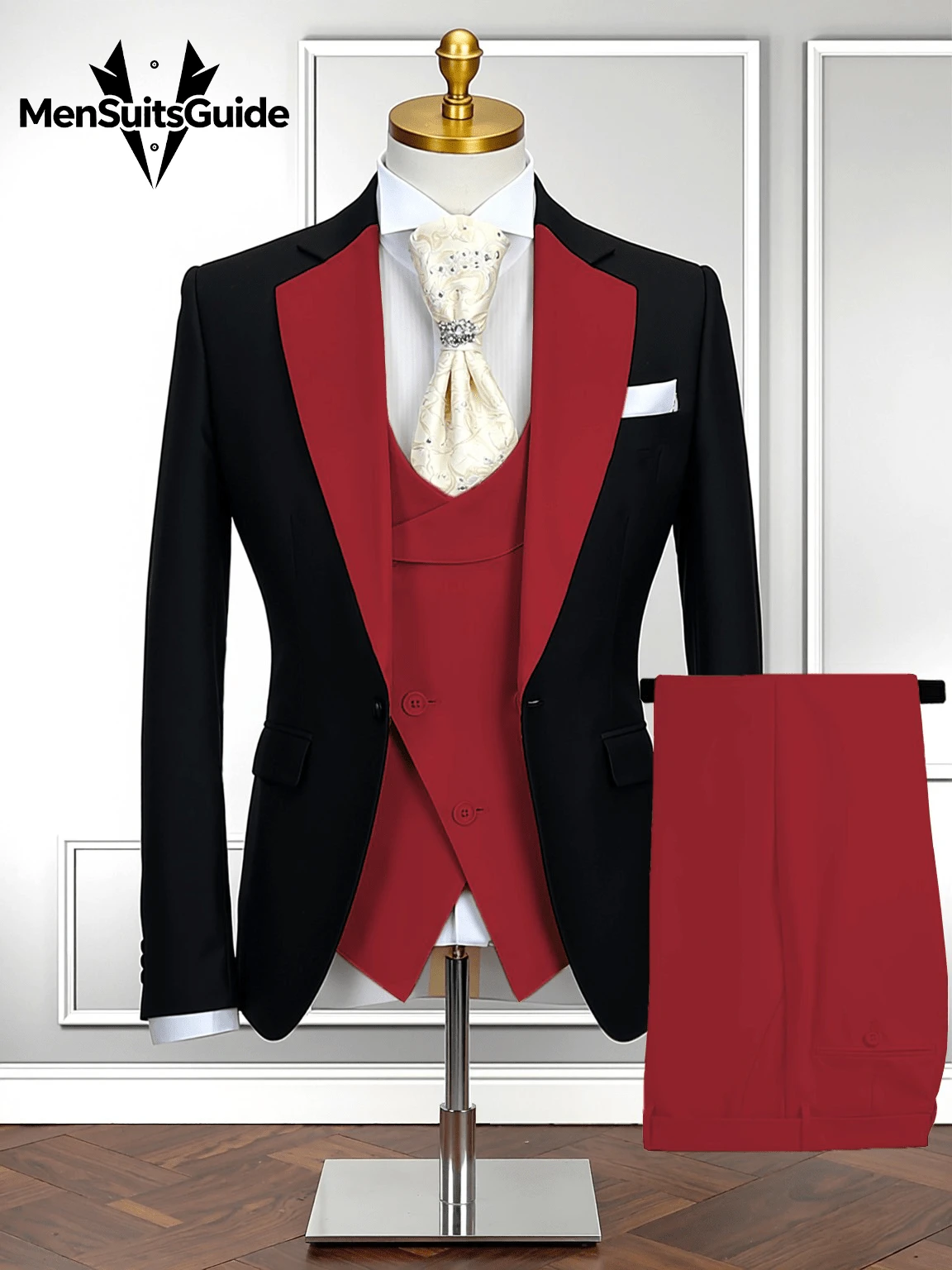 Men's Suits Slim Fit Suit Tuxedo For Men Double Breasted Jacket Vest Pants Business Wedding Party, Formal Occasions, Perfect Gift For Professionals - 黑-紅色 - 查看 1
